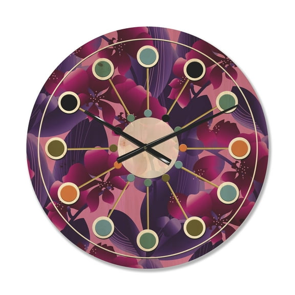 Designart 'Purple Orchid blossom colorful pattern' Mid-Century Modern Wood Wall Clock