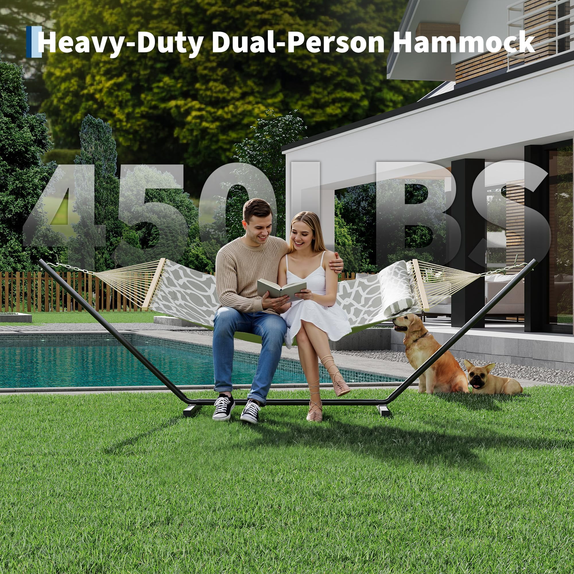 Double Hammock with Stand – Heavy Duty Portable 2-Person Hammock, Adjustable Steel Stand – for Outdoor, Patio, Garden, Beach, Backyard