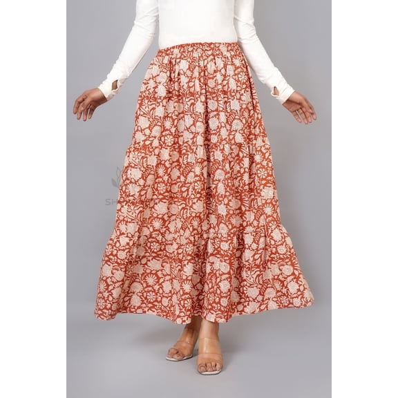 Women Cotton Floral Foliage Style Maxi Skirt with Elastic Waist, Soft Versatile Floral Hand Block Print, Rust Orange XS