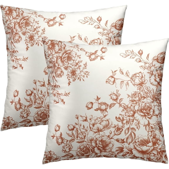 Vintage Flowers Pillow Covers 20x20 Inch, Set of 2 Grandmillennial Brown Floral Throw Pillowcases with Zipper Square Cushion Cover for Couch Sofa Bed Indoor Outdoor Home Decor