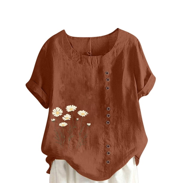 Camisetas de Manga Corta para las Mujeres Impreso Botón de Manga Corta Camiseta Blusa Poliéster, Ropa Casual Mirar Superior para las Mujeres