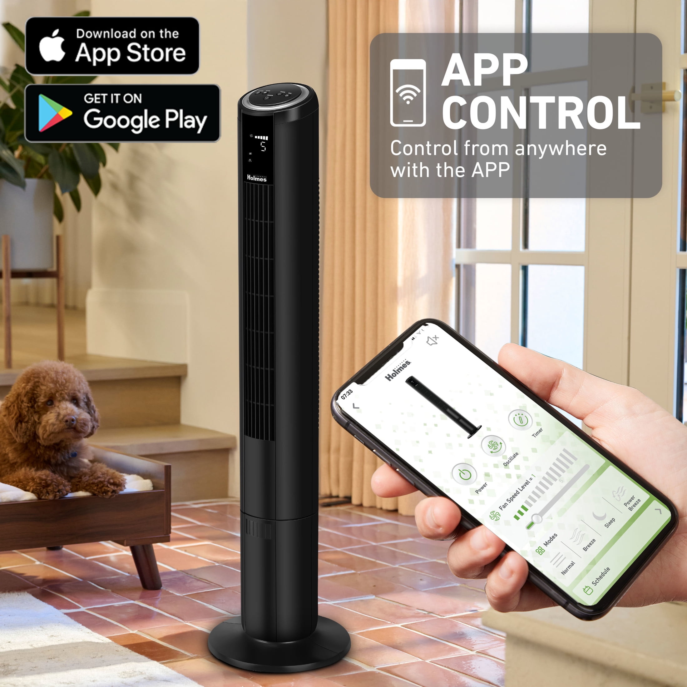 Holmes 42" SmartConnect Wi-Fi Digital Tower Fan with ClearRead Display 5 Speeds Remote Black