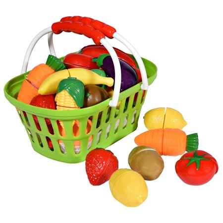 Playkidz: Super Durable Healthy Fruit and Vegetables Basket Pretend Play Kitchen Food Educational Playset with Toy Knife, Cutting board (32 Pieces of fruit and vegetable toys)