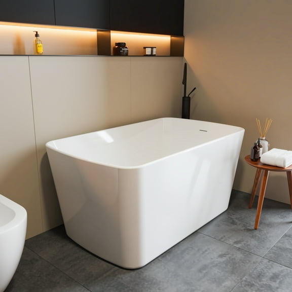 49"Acrylic Freestanding Bathtub，Square Shape Janpanese Soaking Tub with Seat Desgin, Modern Soaking Bathtub with Toe-tap Chrome Right Drain, Slotted Overflow, cUPC Certified, Glossy White