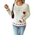 thumbnail image 2 of Female Heart Sweater Crew Neck Casual Long Sleeve Loose Fit Love Print Ribbed Knit Sweaters Pullover Top White S, 2 of 9