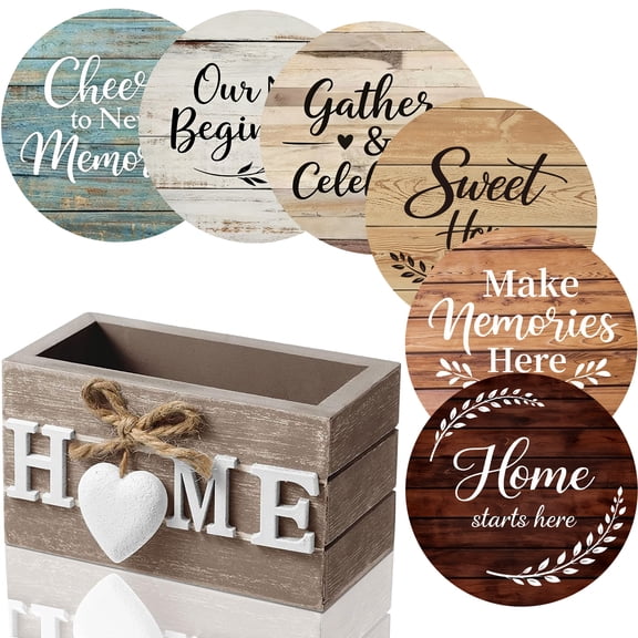 Wooden Coasters Set of 6 House Warming Gifts New Home, Farmhouse Wooden Drink Coasters with Holder, Rustic Farm House Decorations for Home, Housewarming Gifts New Apartment
