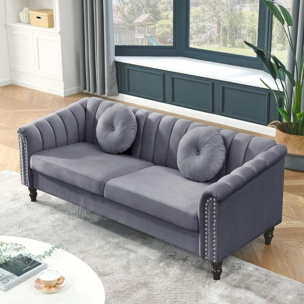 Gewnee Chesterfield Velvet Sofa Couch with Nailhead Trim and 2 Pillows for Living Room,Gray