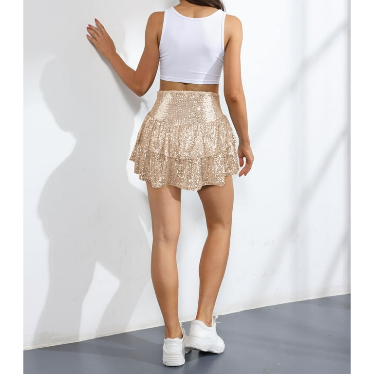 Womens Sequin Mini Skirt with Shorts Layered Ruffle High Waist Flowy Sparkly Glitter Skirt Gold M
