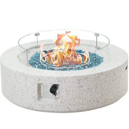 ESSENTIAL LOUNGER 41 inch Round Propane Fire Pit Table  50 000 BTU Outdoor Concrete Firepit Table for Garden&Patio  with Glass Wind Guard  Fire Glass Beads and Waterproof Cover  White