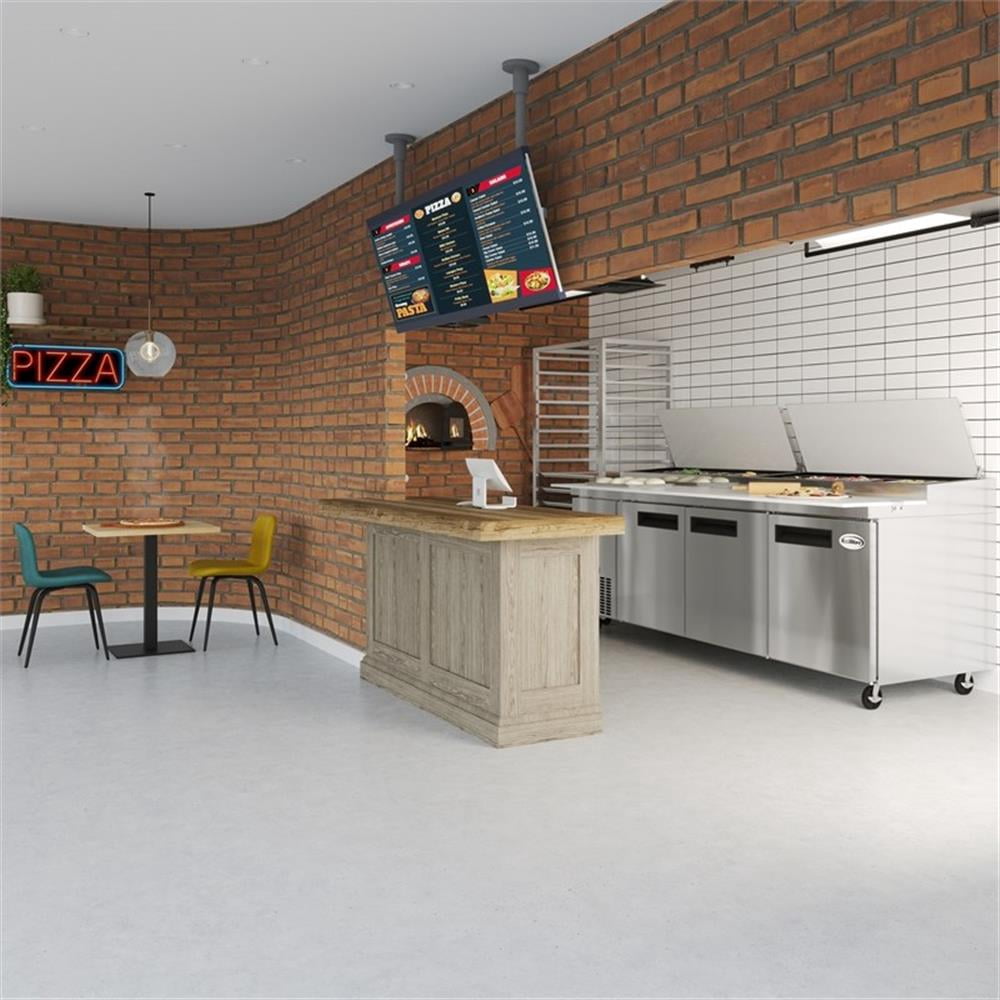 Pemberly Row Silver 92" 3 Door Commercial Pizza Prep Refrigerator in Steel