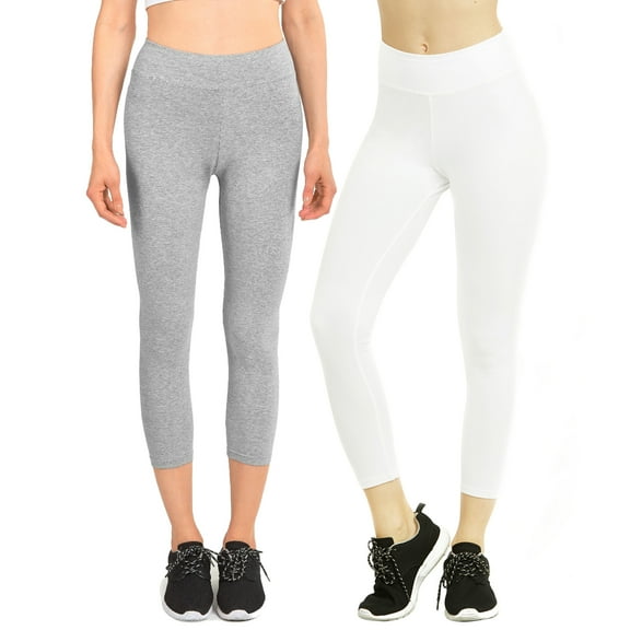Women & Plus Soft Cotton Active Stretch Capri Length Lightweight Leggings : 2PK-H Grey/White (Capri Length), M