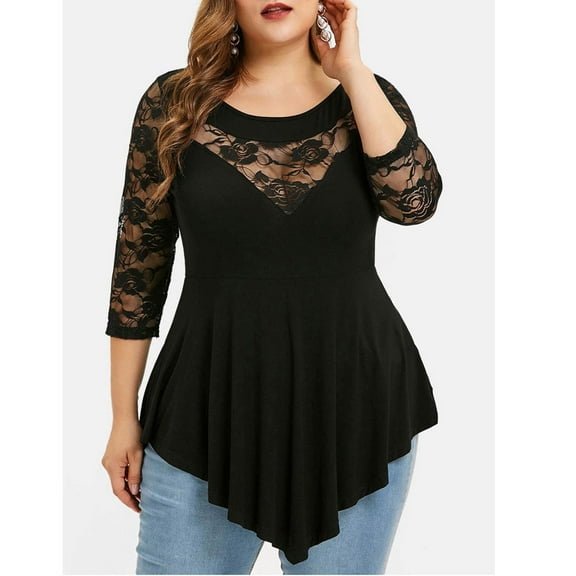 asdoklhq Plus Size Tops for Women,Plus Size Women Solid Floral Lace O-Neck Asymmetric Three Quarter Tops Blouse
