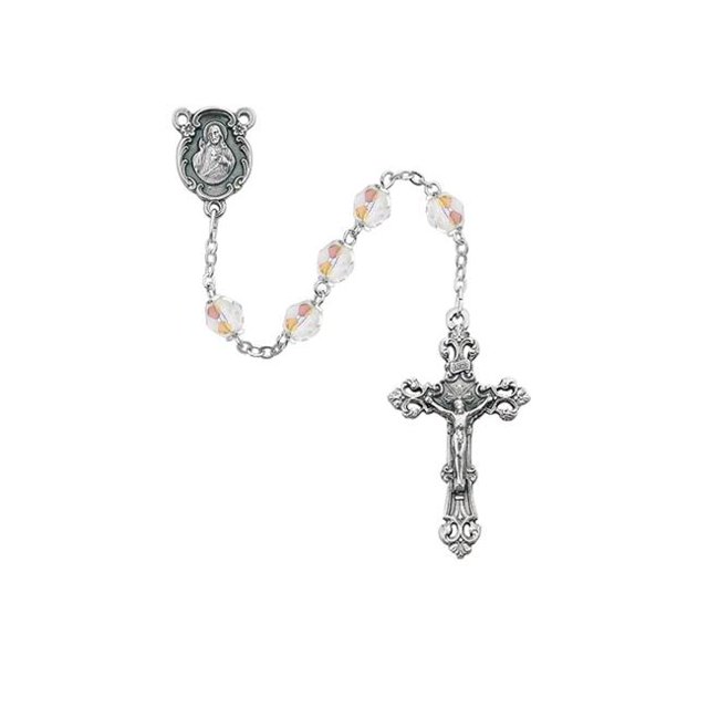 McVan 875-CRG 6 mm Aurora Glass April Cross Rosary Set - Clear