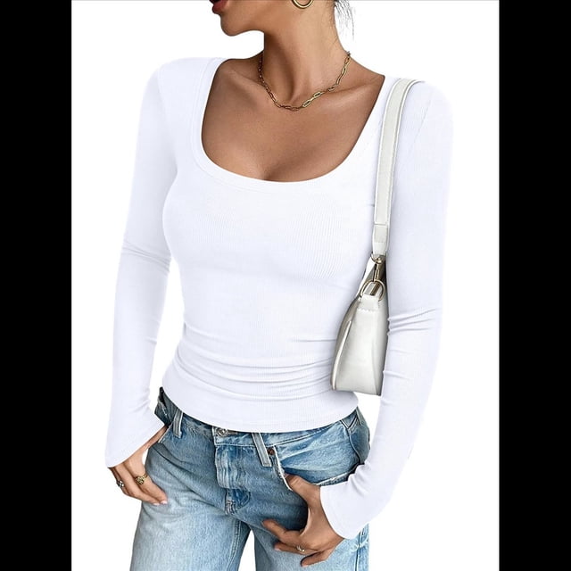 Camisa Básica de Punto Acanalado con Cuello en U y Larga de Color Liso para Mujer, Corte Entallado e Informal. S
