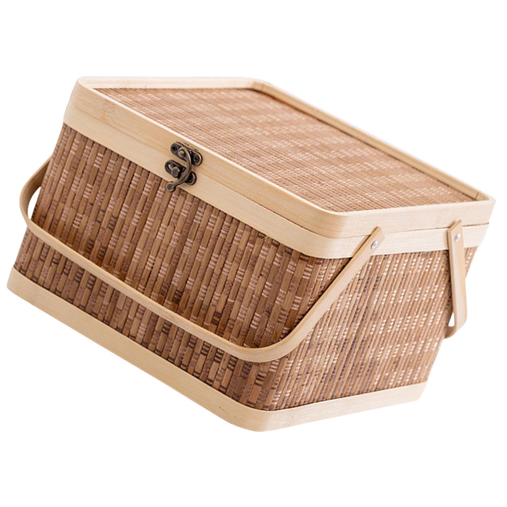 Wicker Picnic Basket with Lid and Handle 28cm Natural Woven Woodchip Easter Candy Egg Storage Rattan Fruit Carrying Holder for Wedding Wine