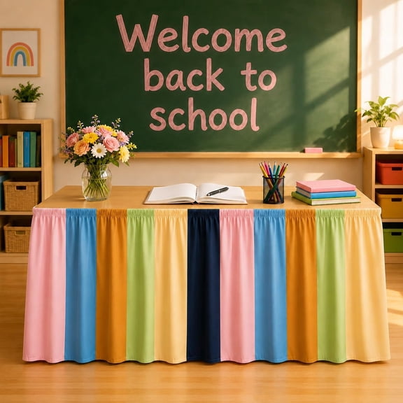 Table Skirt for Classroom, Hook and Loop Design, for Teacher Desks, Classroom, Weddings and Parties