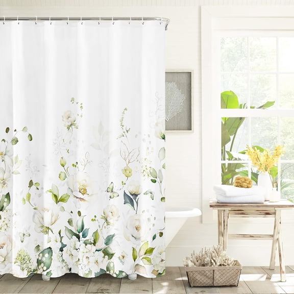 Blomming Bright White Cream Floral Shower Curtain, Watercolor Green Leaves Plant Bathroom Decoration Shower Curtain Sets 71x71 Inch with Hooks