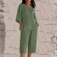 thumbnail image 2 of Womens Plus Size Capris Sets, Summer 2 Piece Linen Outfits, 3/4 Sleeve Side Slit Blouse Tops Cropped Pants with Pockets Green S, 2 of 5