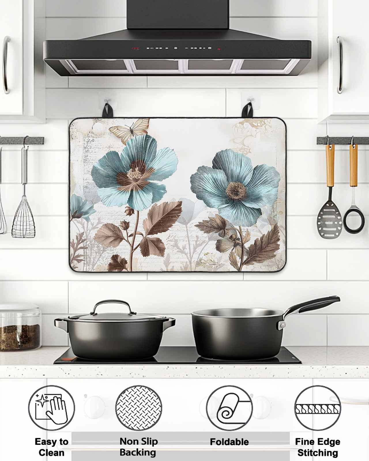 Stove Top Covers for Electric Stove, Vintage Flowers Glass Stovetop Cover Protector, Teal Blue Floral Nature Butterfly Induction Cooktop Protector Oven Mat for Kitchen Countertop 24"x21"