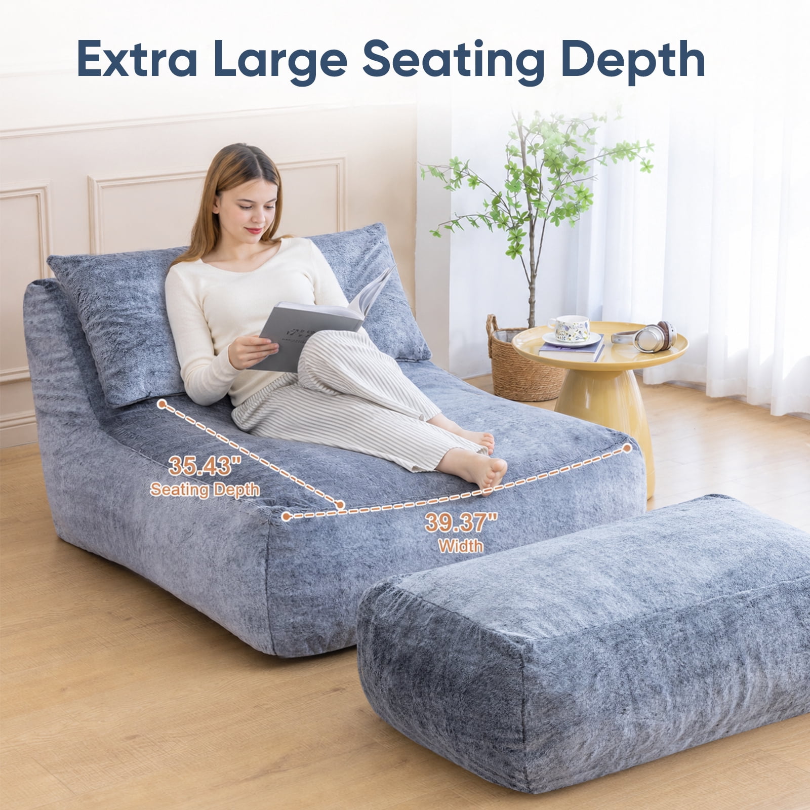 Alvantor Convertible Plush Sofa Bed with Ottoman and Pillow, Oversized Shaggy Faux Fur Floor Sofa, Foam Filled Armless Sleeper for Living Room, Bedroom, Dorm