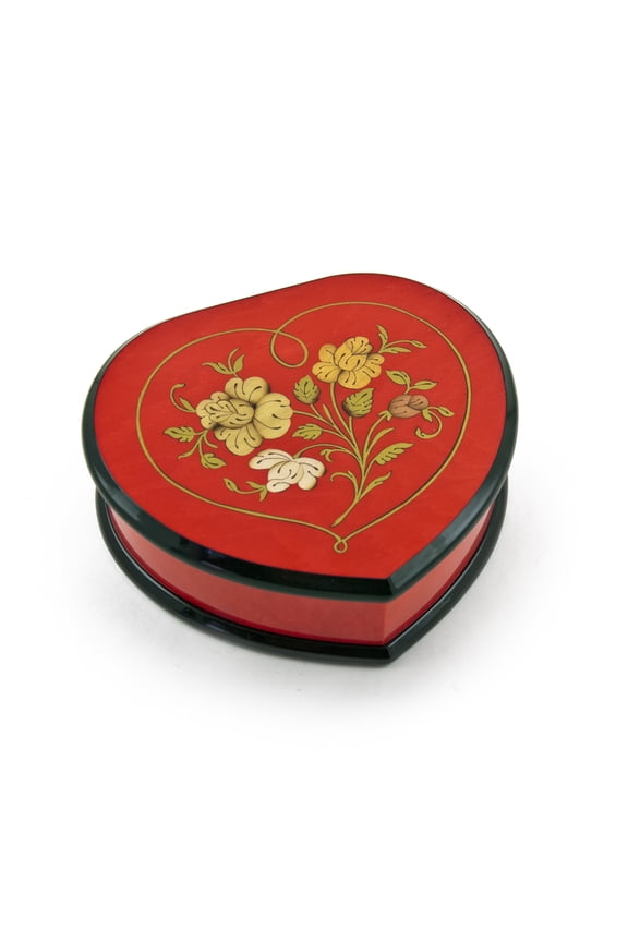 Elegant Cherry Red Heart Shaped Music Jewelry Box with Floral in Heart Frame Inlay Design - Silver Bells