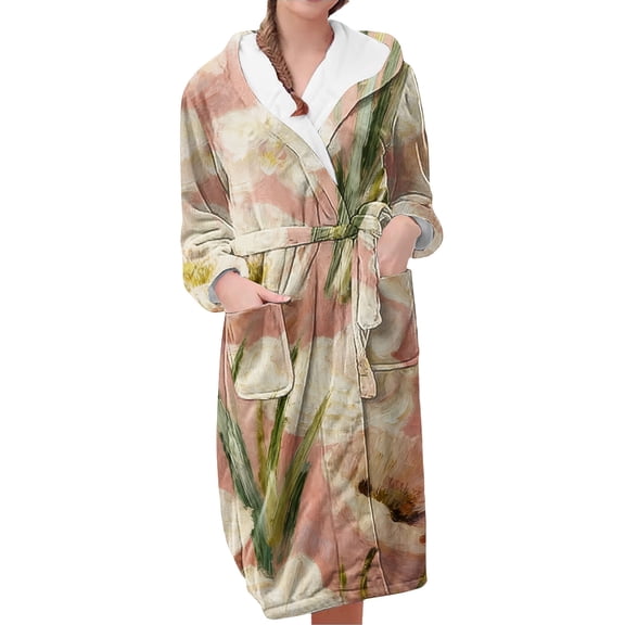MEICHEN Plush Fleece Robe for Women Long Floral Print Flannel Hooded Bathrobe Plus Size Women's Loungewear