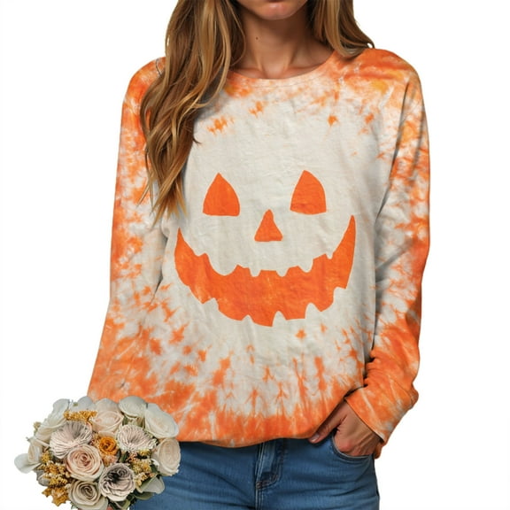 adviicd Womens Halloween Sweatshirt Tie Dye Spooky Season Cute Ghost Print Pullover Top Oversized Fall Long Sleeve Tops （Orange， XXL）