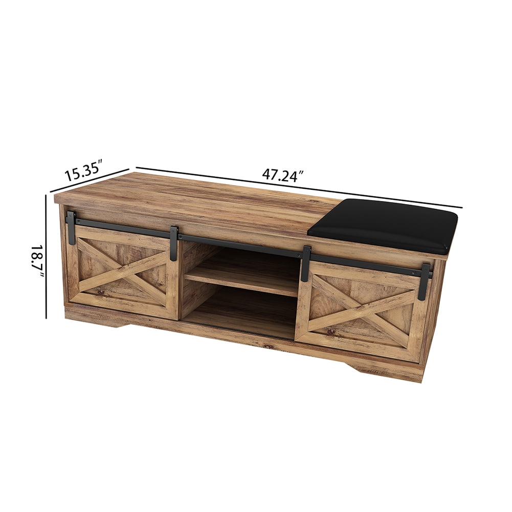 Kadyn 47 Inch Storage Bench, Modern Farmhouse Sliding X Barn Door Litterbox Bench with Entry Cutout and Adjustable Shelves, Shoe Bench for Entryway, Brown Kadyn 47 Inch Storage Bench, Modern Farmhouse Sliding X Barn Door Litterbox Bench with Entry Cutout and Adjustable Shelves, Shoe Bench for Entryway, Brown