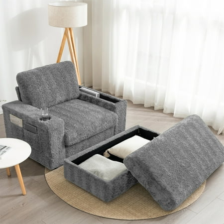 Aukfa 43 inch Chaise Lounge w/ 2 Cupholders, Storage Ottoman, Plush Chair Bed for Living Room, Gray