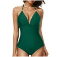 thumbnail image 3 of VBTAPA Tummy Control Swimsuits for Women Full Coverage One Piece Bathing Suits Metal Halter V Neck Ruched Slimming Swimwear Daily Sales Green XL, 3 of 5