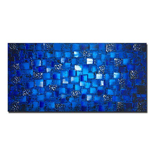 Large Thick Abstract Dark Blue add Silver Square Wall Art Hand Painted Artwork Textured Oil Painting on Canvas Framed Ready to Hang 60x30inch