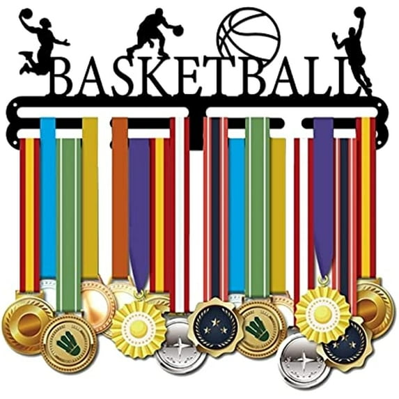 Basketball Medal Hanger Black Dunk Metal Holder with 8 Lines Sturdy Steel Award Display Holders for Over 60 Medals Wall Mounted Medal Display Racks for Ribbon Lanyard Easy to Install