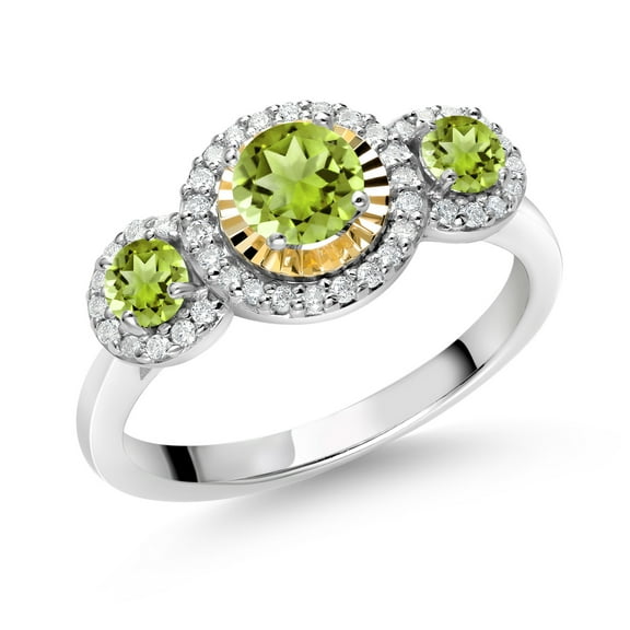 Gem Stone King 0.75 Ct Round Green Peridot 925 Silver and 10K Yellow Gold 3 Stone Women's Lab Grown Diamond Ring (Size 7)