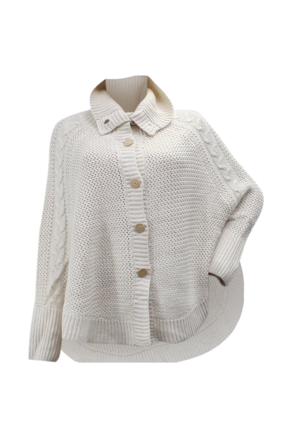 Women's Maribeth Button Front Cream Heather Knit Cape Sweater Shirt