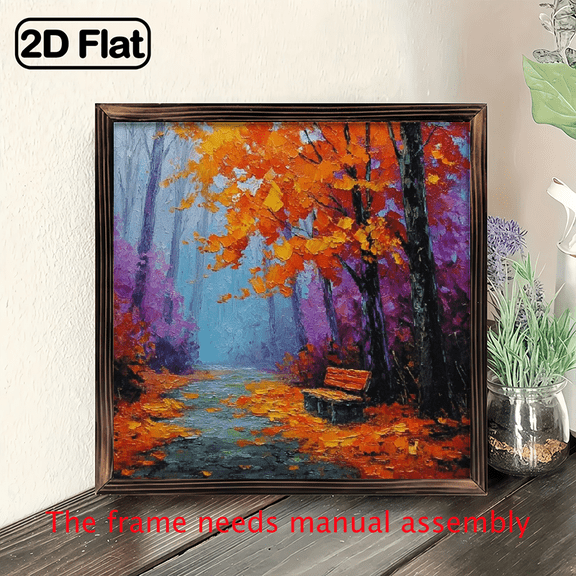 , Autumn Forest Canvas Art with Wooden Frame - Vibrant Red Trees Serene Pathway, Perfect for Living Room, Bedroom, Bathroom Decor, Indoor.wooden board painting
