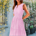 thumbnail image 4 of Women'S Summer Dresses 2025 Sleeveless V Neck Eyelet Hollow Out Swing A Line Beach Vacation Sun Dress Pink L, 4 of 7