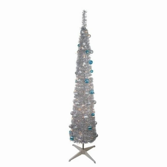 6 ft. Pre-Lit Silver Tinsel Pop Up Artificial Christmas Tree - Clear Lights