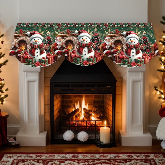 Green Christmas Fireplace Mantel Scarf, 78.7"x19.6" Snowman & Santa Printed Non-Woven Holiday Decoration, Festive Mantel Runner for Christmas Home Decor