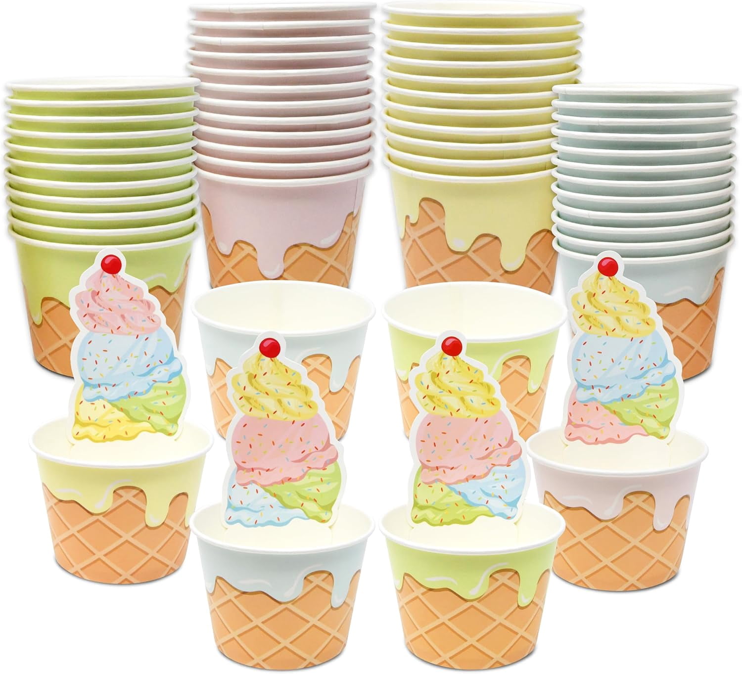 150 Set Paper Ice Cream Cups 12 Oz With Lids & Spoons - Colorful Disposable Bowls For Sundaes, Parties, Baby Showers