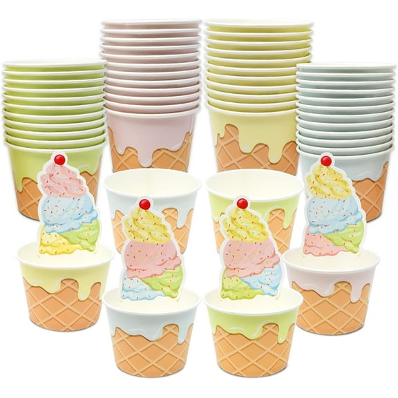 Gift Boutique 60 Ice Cream Cone Treat Snack Cups 10oz Disposable Paper Cup Dessert Frozen Sundae Bowls Pink Blue Yellow Green Scoops Birthday Party Supplies