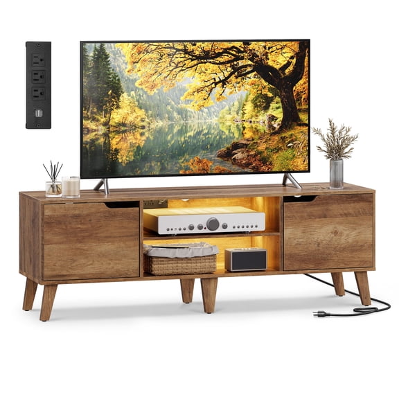 VASAGLE TV Stand with Charging Station, for 65-Inch TVs, Entertainment Center with LED Light, 58-Inch Long Media Console Table, Honey Brown