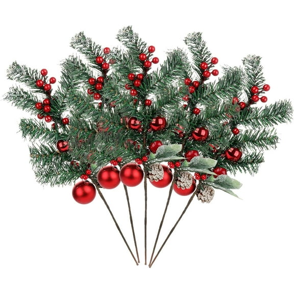 Dalrosia 5PCS Artificial Pine Picks, Artificial Red Berry Stems with Snow Flocked Holly Christmas Berries Pinecone Ball Branches Faux Berry Spray Sprigs Twigs Christmas Tree Decorations