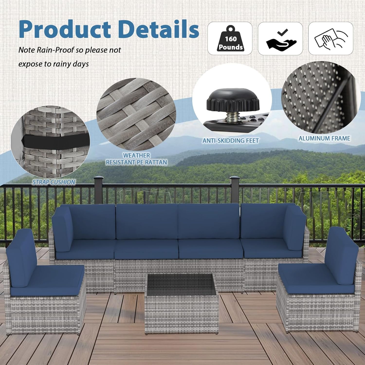 Danrelax 7-Piece Outdoor Sectional Sofa Patio Conversation Set, PE Rattan Wicker Furniture, Steel Frame in Dark Blue
