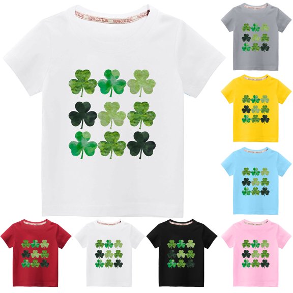 Zwiiyzr Toddler Kids Boys Girls Summer Clothes Trendy Cute Solid Color Round Neck St. Patrick'S Day Print Short Sleeve Top White