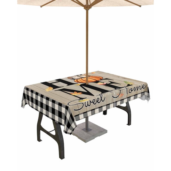 Fsddascl Fall Home Outdoor Tablecloth - 60x120 Inch Rectangle Dining Table Cover, Black White Plaid Pumpkins Owl Thanksgiving Waterproof Outdoor Table Cloth with Umbrella Hole & Zipper for Patio