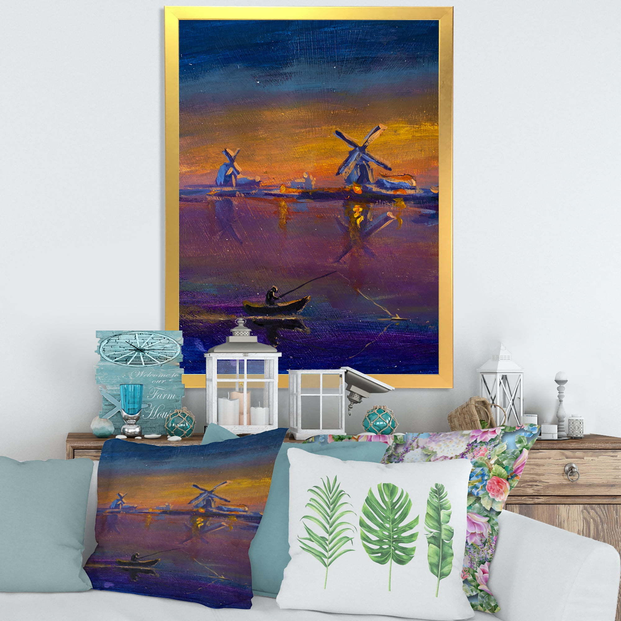 Designart 'Evening Fishing Near The Traditional Windmill' Nautical & Coastal Framed Art Print