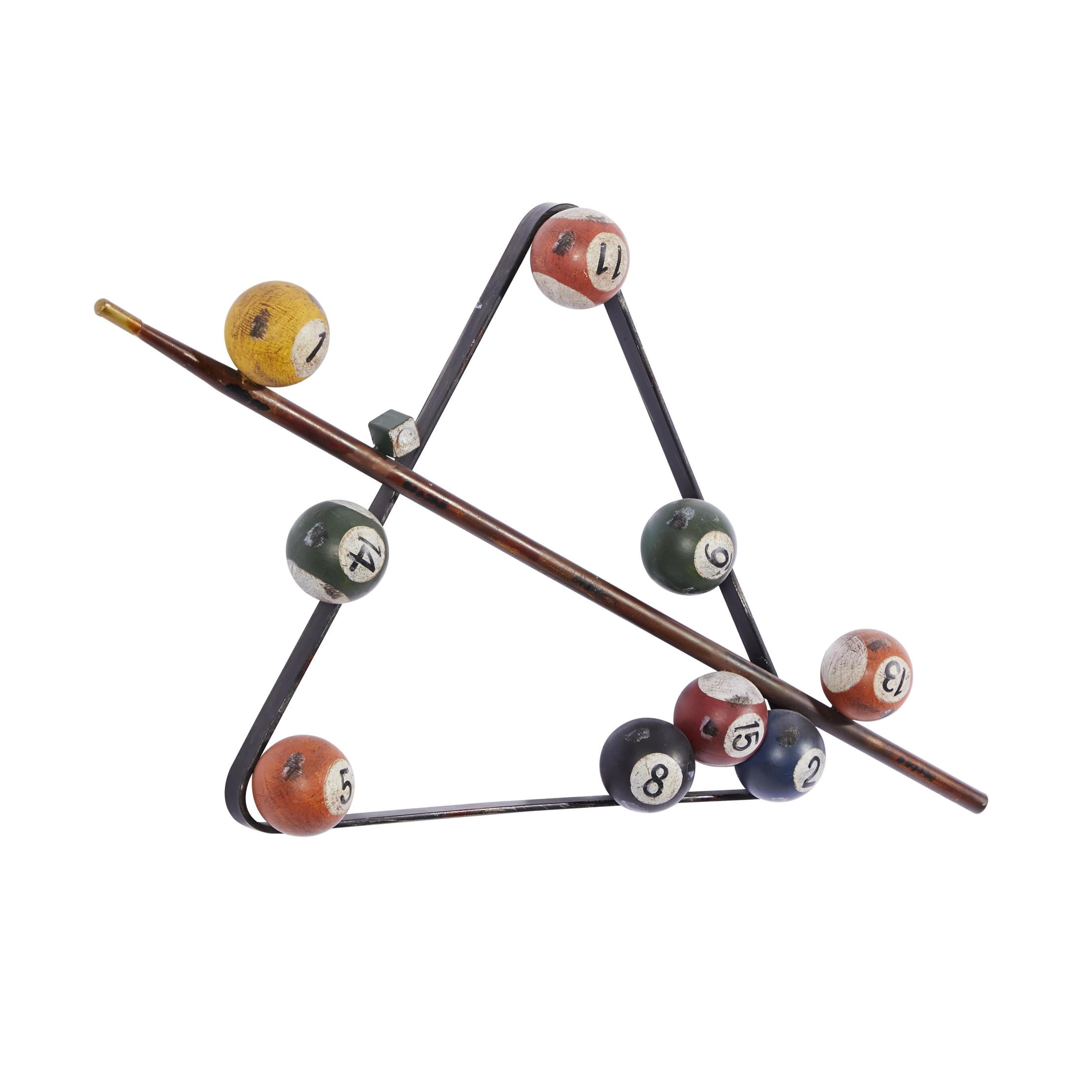 DecMode Eclectic Metal Multi Colored Billiard Set with Billiard Balls, Triangle Rack and Cue Stick Wall Décor, 30"W x 15"H