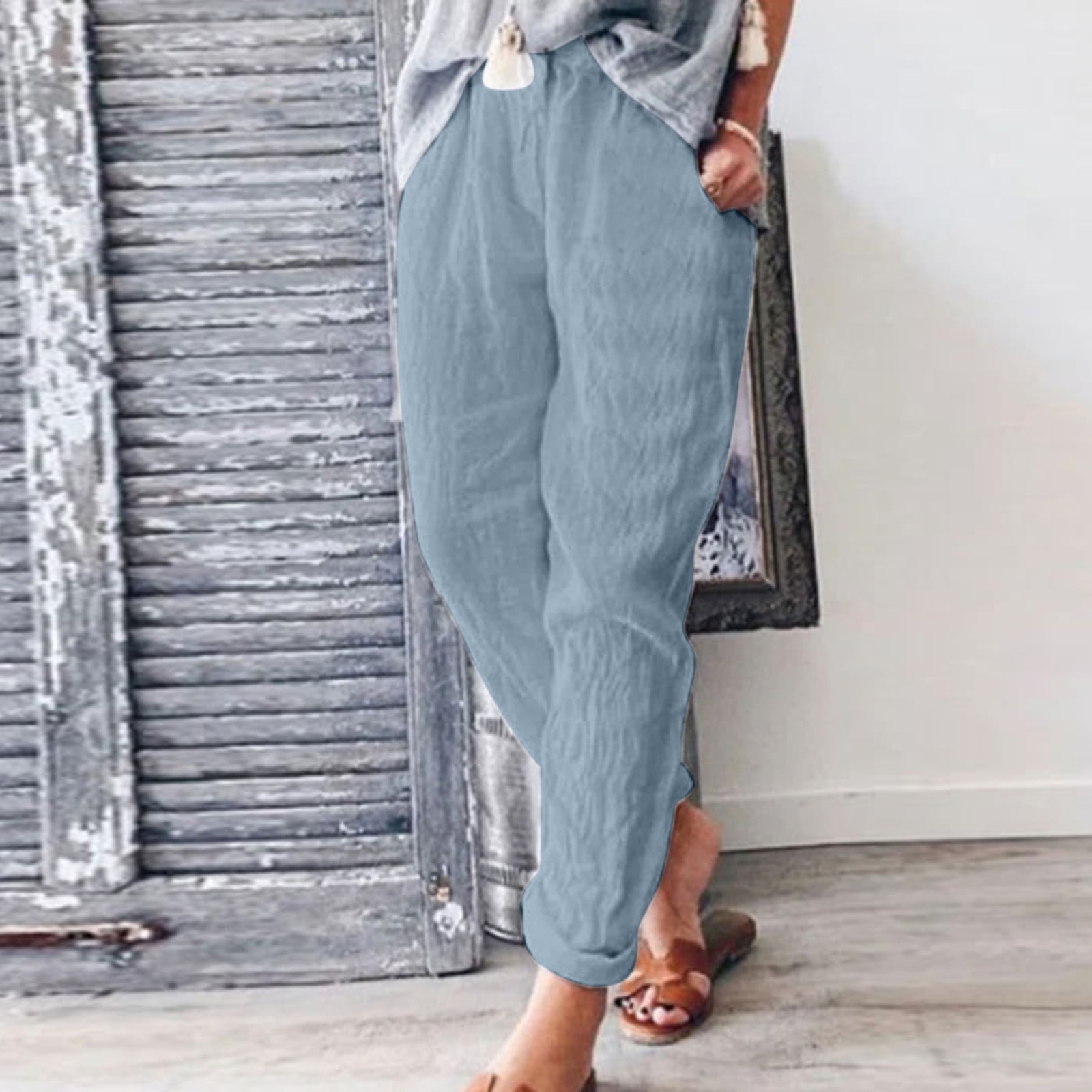 Women's Casual Wide Leg Pants Shirred Elastic Waist Cotton Linen Loose  Trousers Solid Color Summer Baggy Pocket Pants (Black,Small) at   Women's Clothing store
