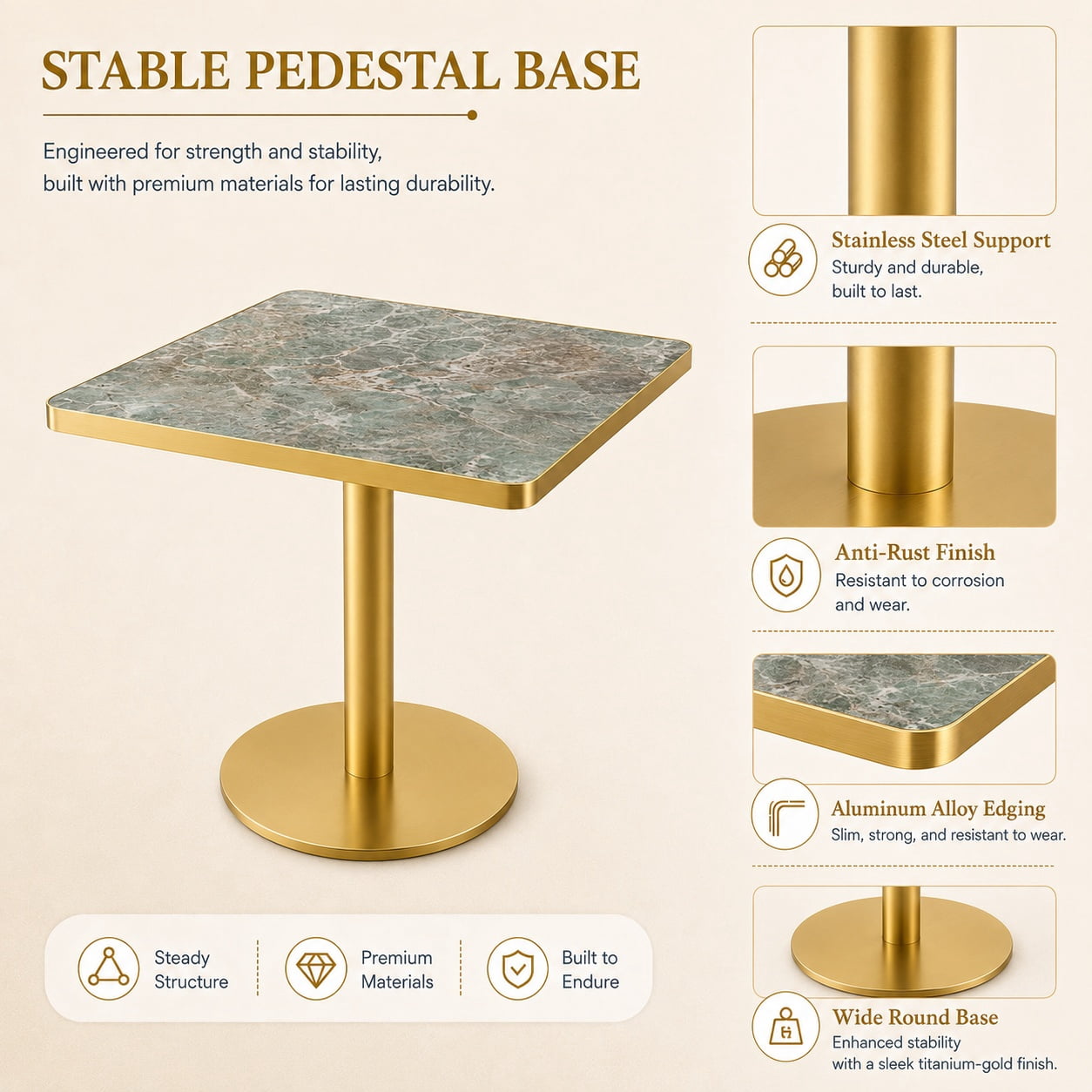 Aukfa 31.5" Square Dining Table for 2-4, Marble-Look Sintered Stone Top, Gold Pedestal Base, Small Spaces,Jade Green Marble