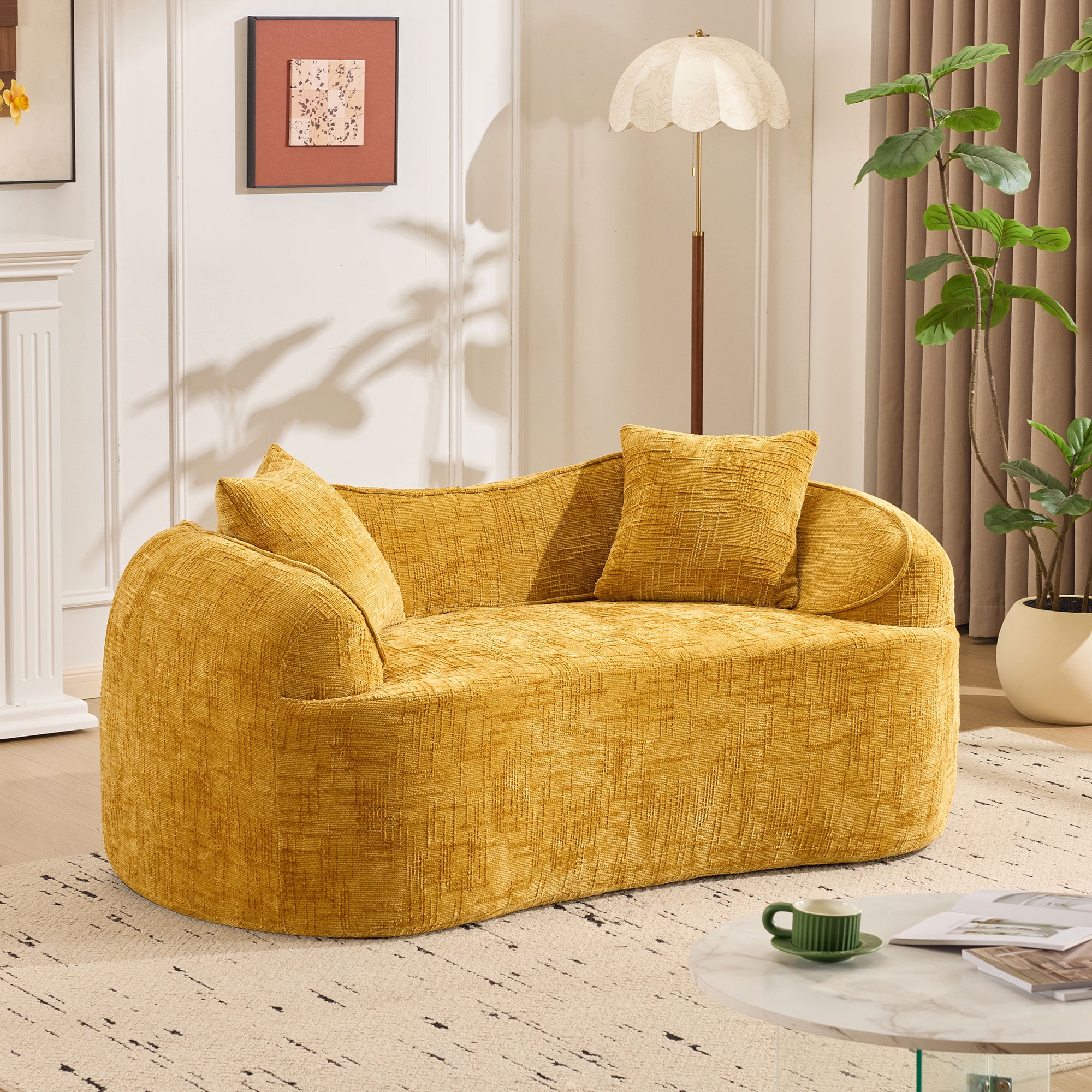 Curved Loveseat, Yellow Compress Chenille Sofa with Two Pillows and Armrests, Foam Spring 2-Seater for Small Apartment Living Room or Bedroom, 67-Inch